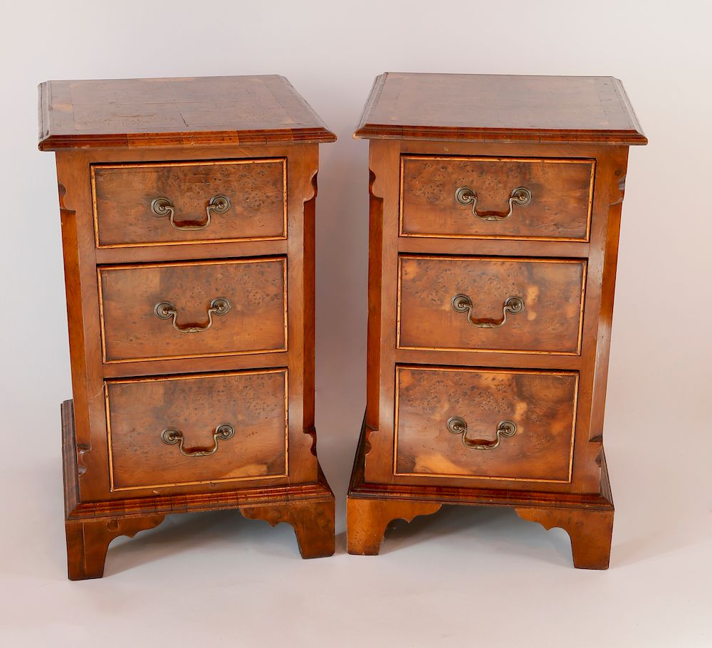 Appraisal: Pair of Antique English Burlwood Three-Drawer Chests of Drawers Exclusive