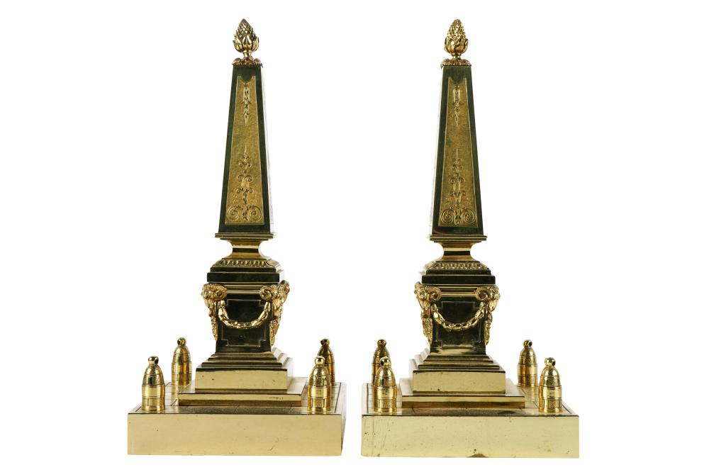 Appraisal: PAIR OF BRASS OBELISK-FORM CHENETSeach mounted to base with screws