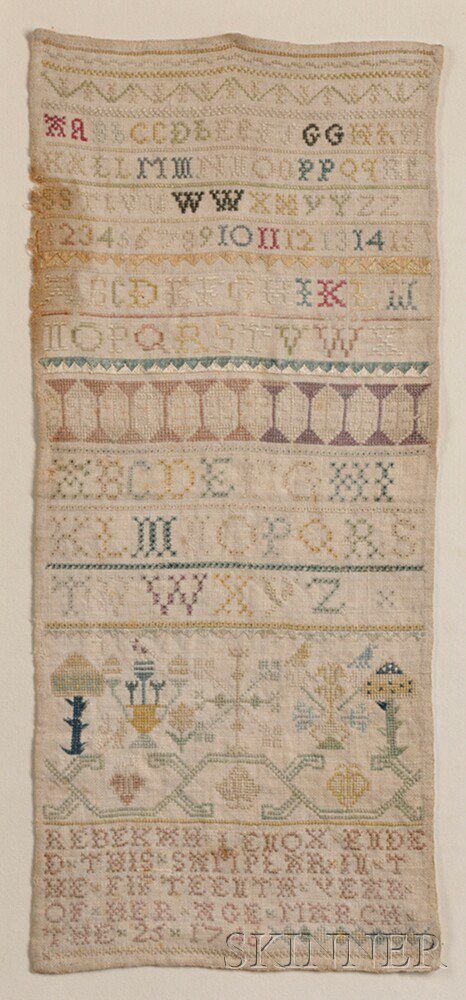 Appraisal: Needlework Band Sampler Rebekah Lenox possibly Massachusetts worked in silk