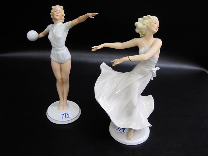 Appraisal: TWO GERMAN SCHAUBACH KUNST PORCELAIN FIGURINES painted bisque and glazed