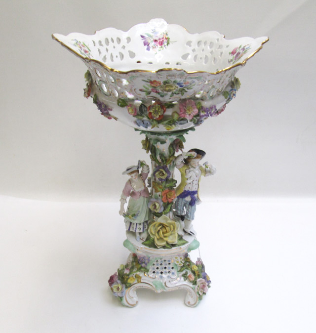 Appraisal: DRESDEN STYLE FIGURAL PORCELAIN PEDESTAL BOWL having a courting couple