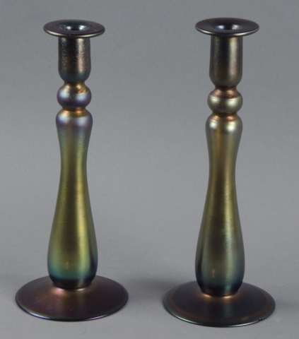 Appraisal: Pair of Imperial Art Glass Candlesticks th century Iridescent smoky