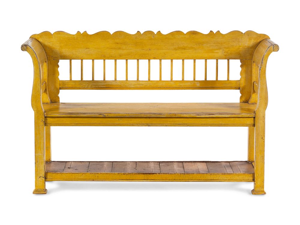 Appraisal: A Yellow-Painted Hall Bench A Yellow-Painted Hall Bench th Century