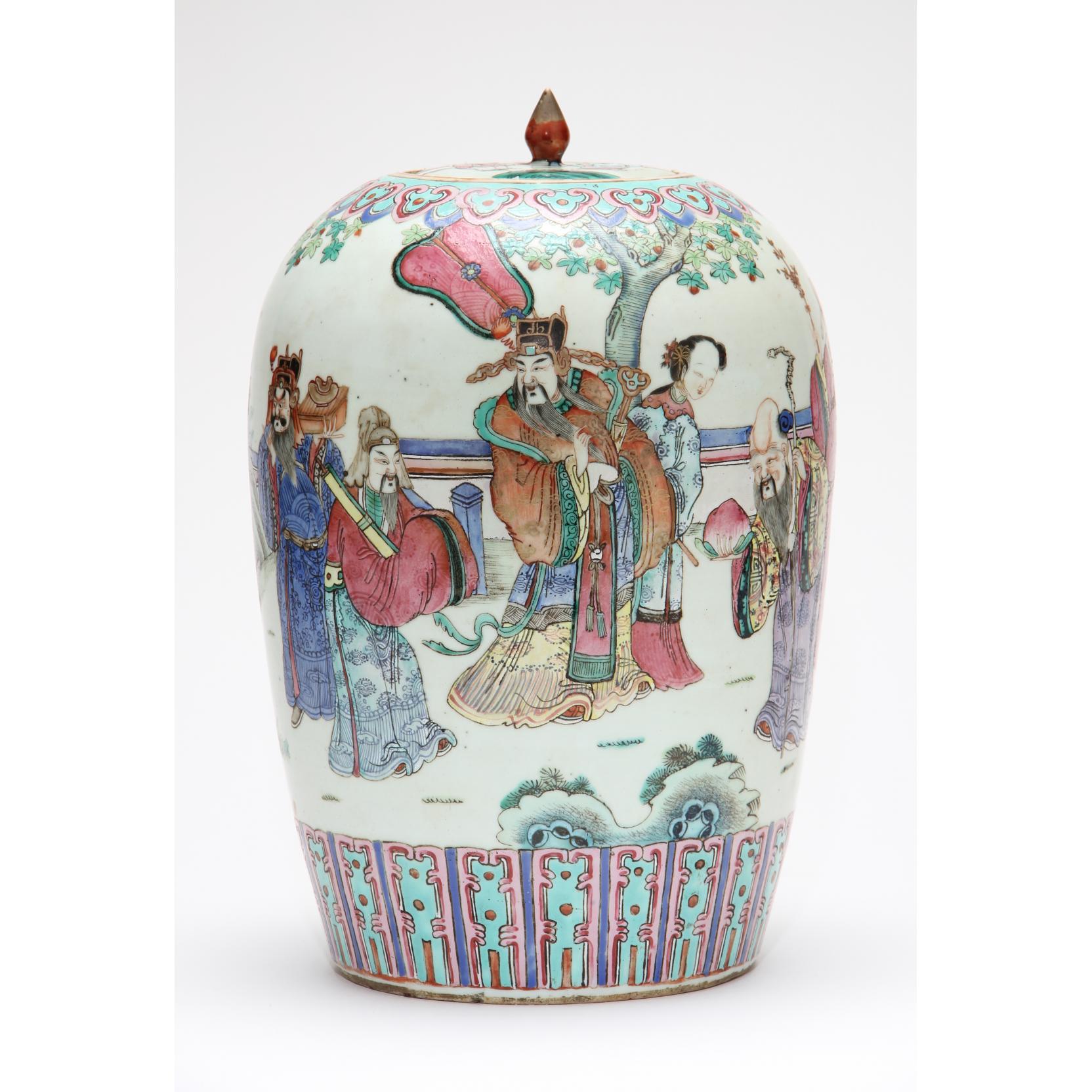 Appraisal: Chinese Lidded Large Jar late th century hand-painted decoration features