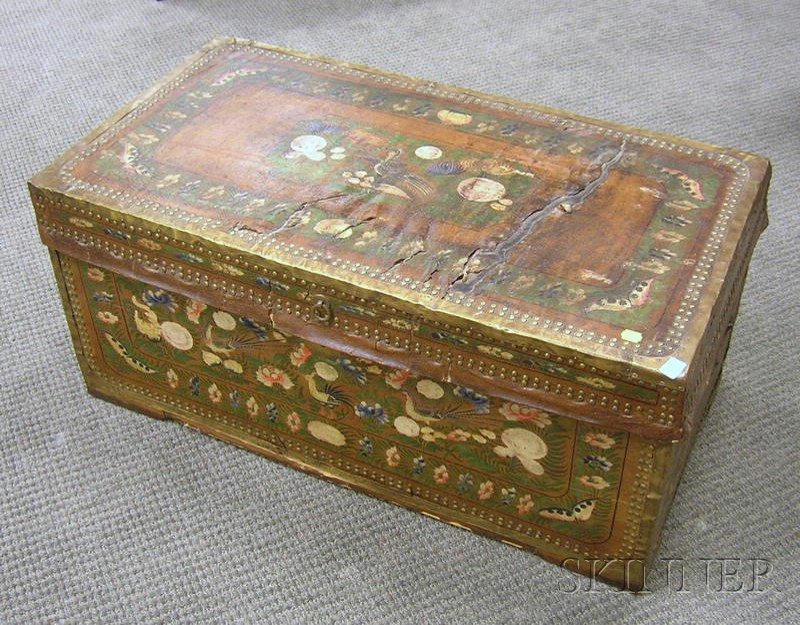 Appraisal: Chinese Export Brass-mounted Polychrome Painted Floral Decorated Brown Leather-clad Camphorwood