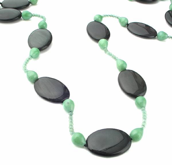 Appraisal: Rainbow Obsidian and Aventurine Necklace Combining oval disc-shaped beads of