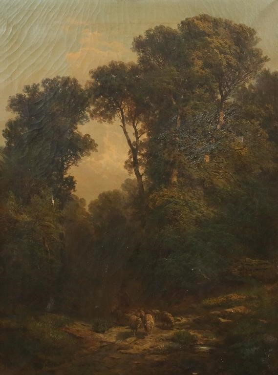 Appraisal: Oil on canvas sheep grazing in wooded landscape Unsigned x