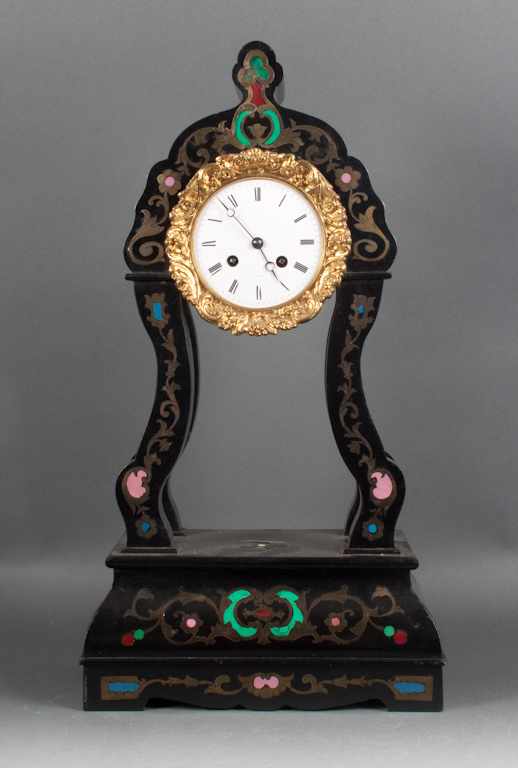 Appraisal: Napoleon III inlaid and ebonized wood portico clock with glass