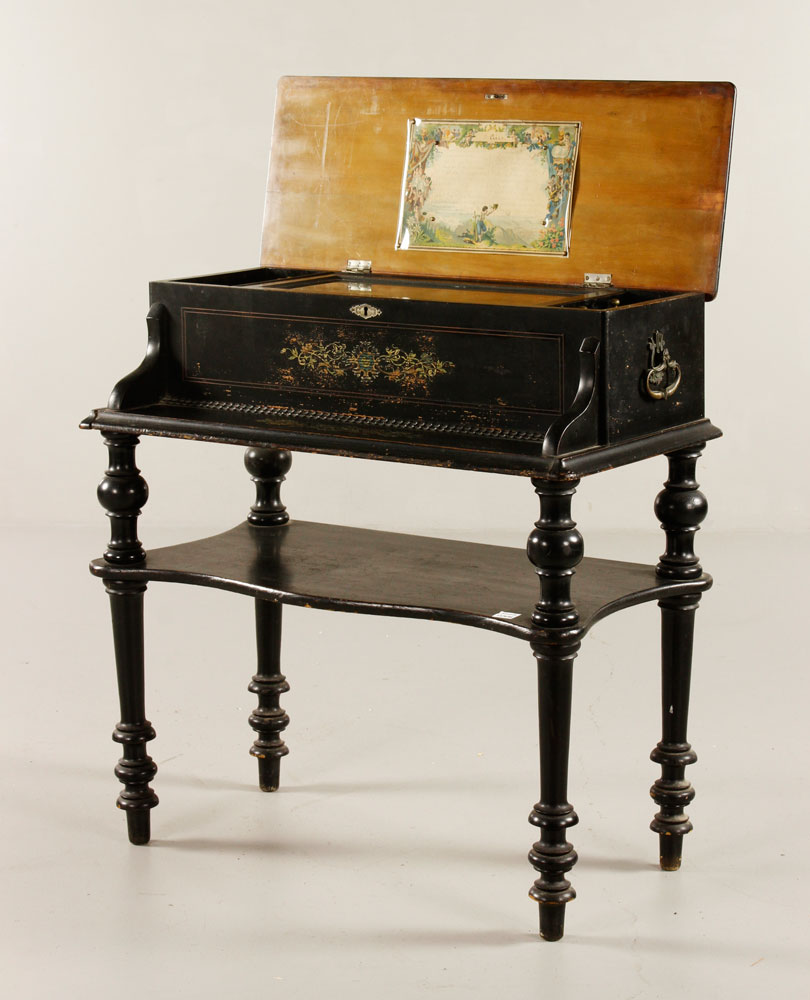 Appraisal: - Music Box on Stand Music box on stand ebonized