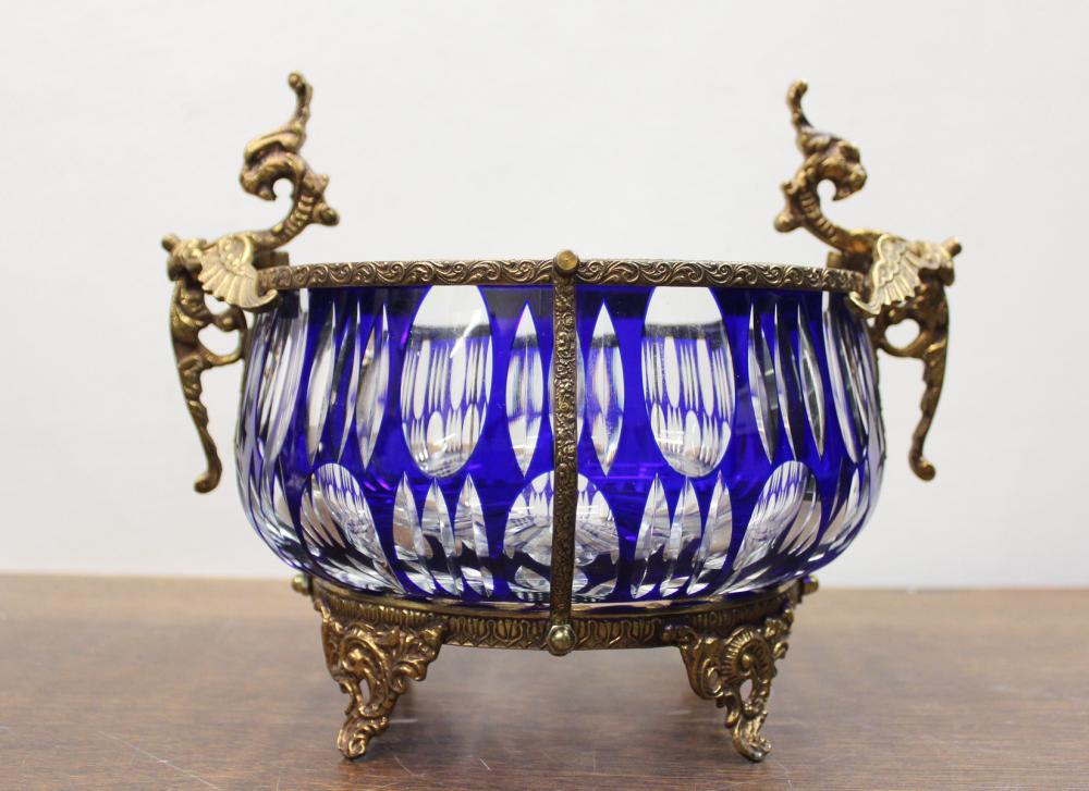 Appraisal: GILT BRONZE AND BOHEMIAN GLASS CENTERPIECE BOWL circular form blue