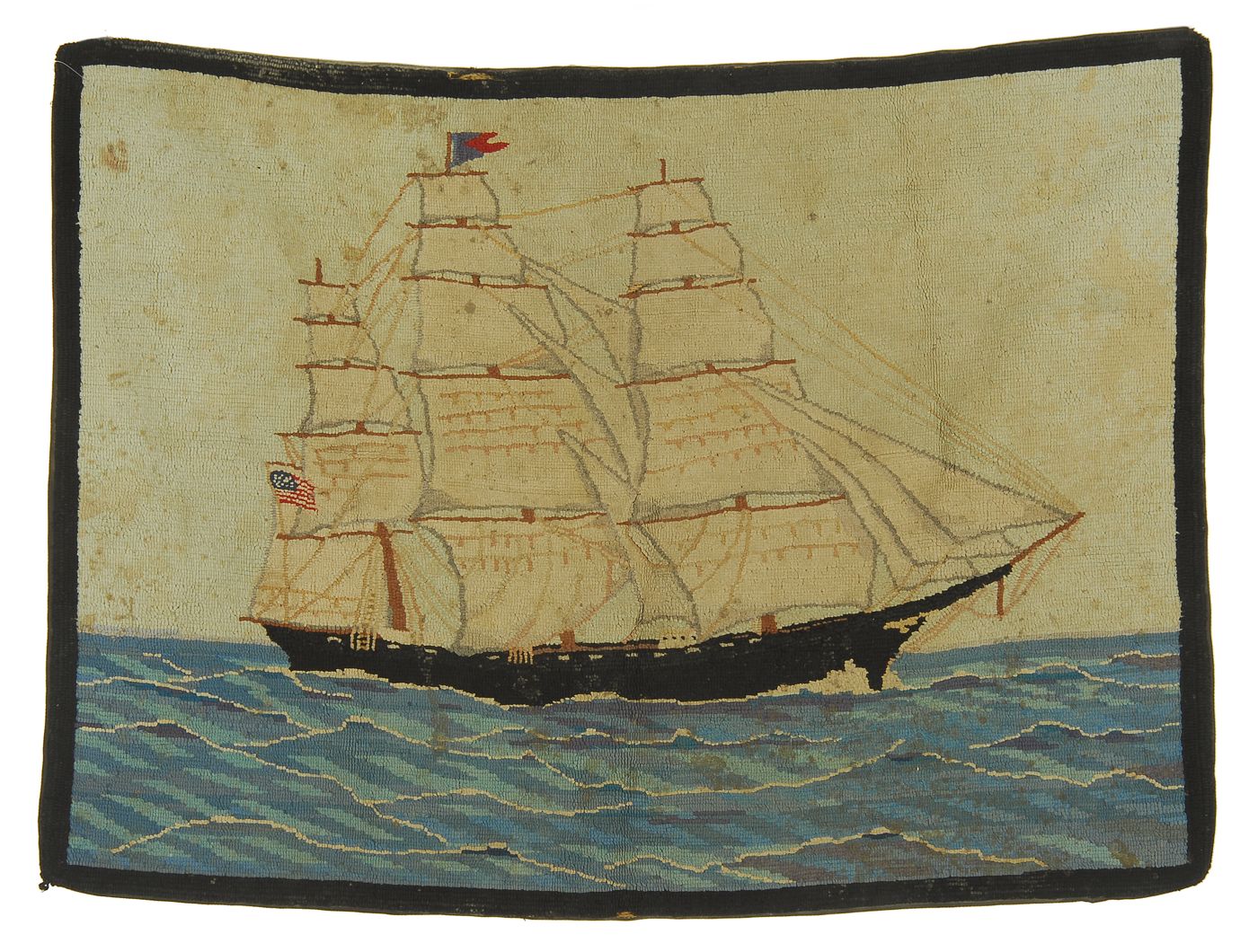 Appraisal: HOOKED RUG ' x ' American three-masted ship in choppy