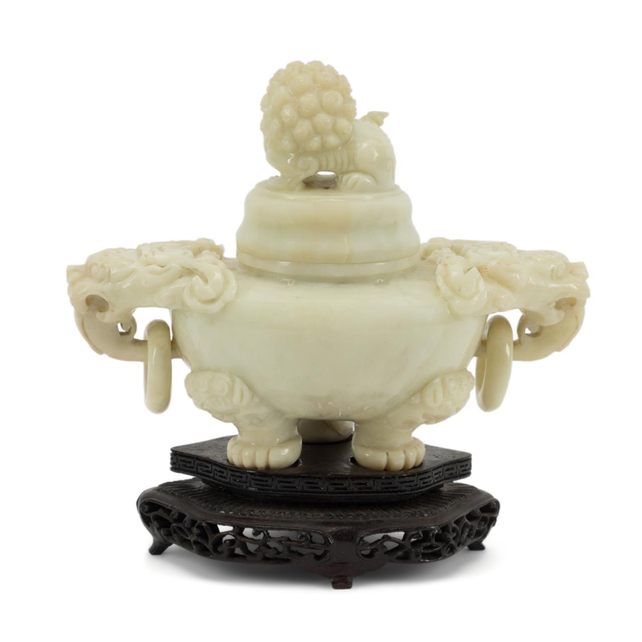 Appraisal: CHINESE LIGHT GREEN HARDSTONE CENSER ON STAND Chinese carved hardstone