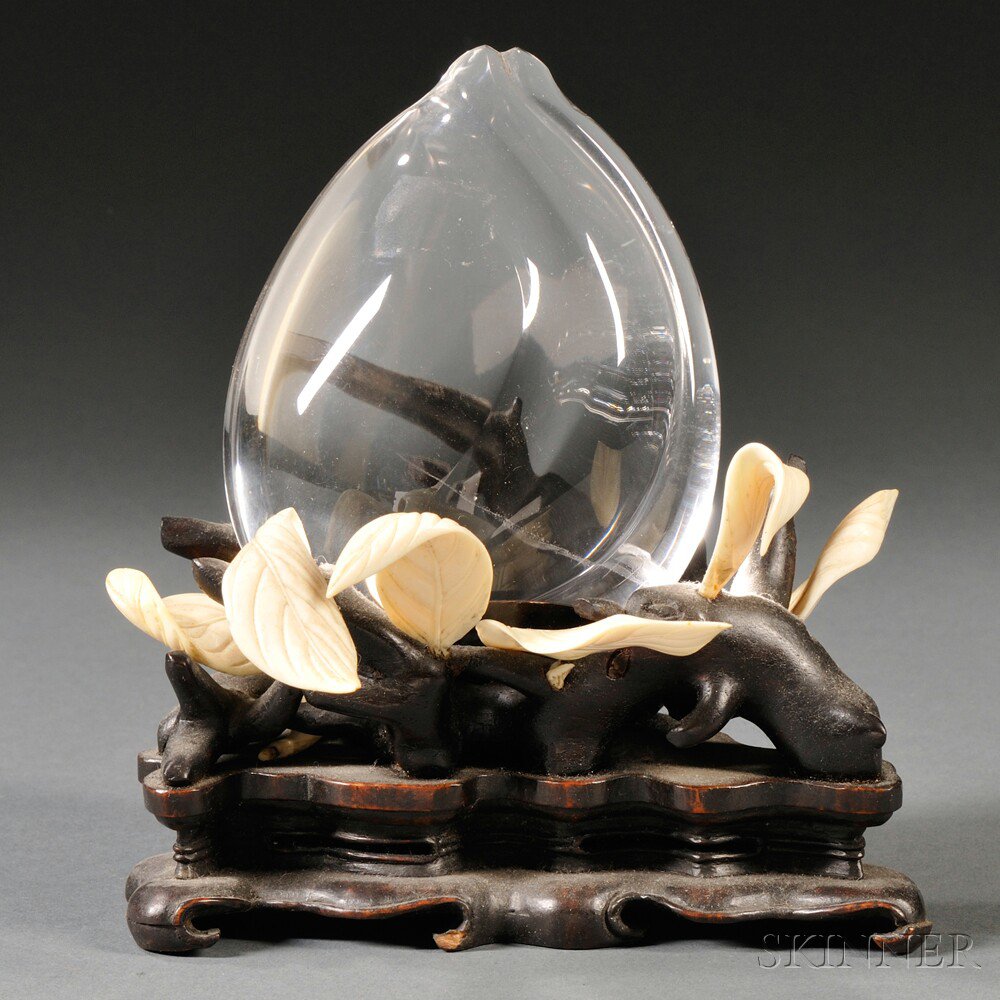 Appraisal: Glass Lotus Bud on a Teak Stand China th century