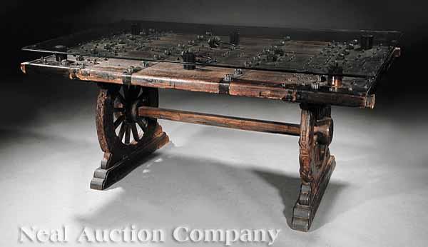 Appraisal: An Antique Indian Iron-Mounted Hardwood Refectory Table composed of doors