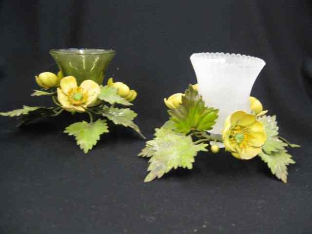 Appraisal: Pair of Italian Handpainted Metalwork Candle-holders currently housing glass votives