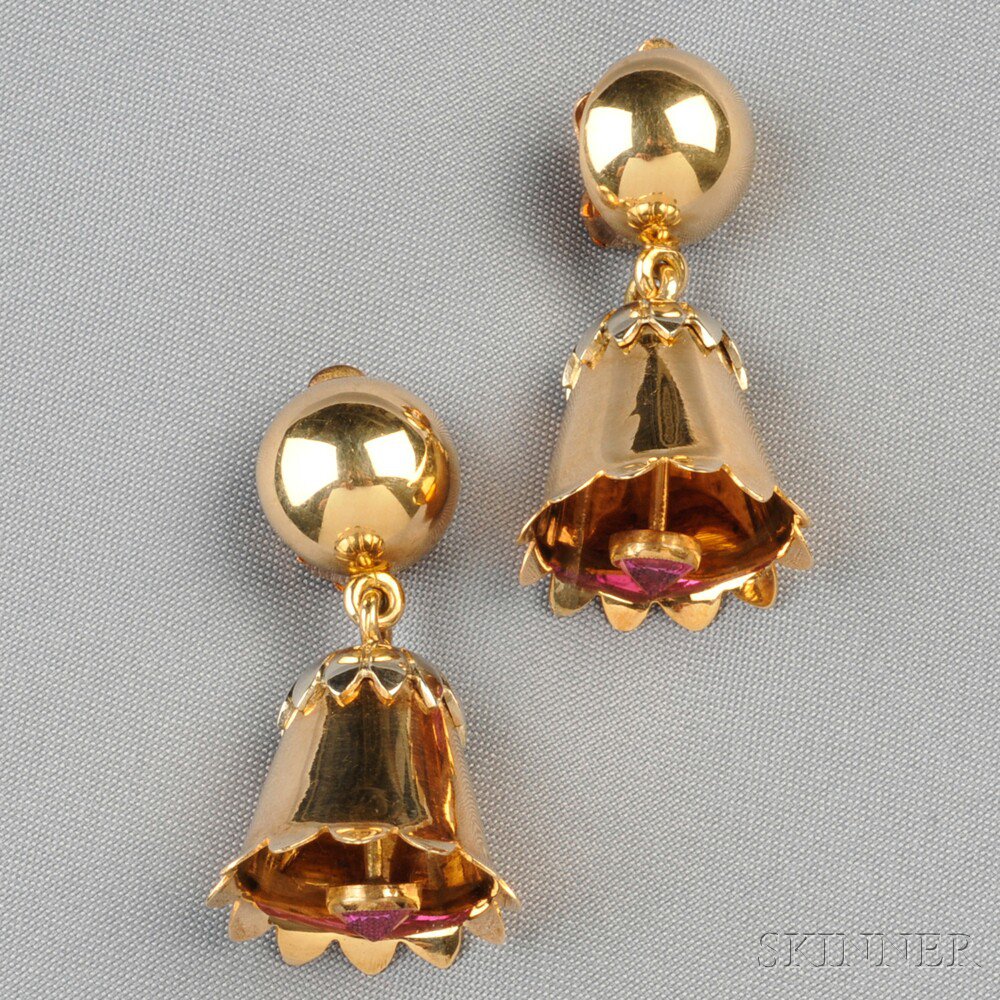 Appraisal: Retro kt Bicolor Gold Bell Earpendants each with faceted pink