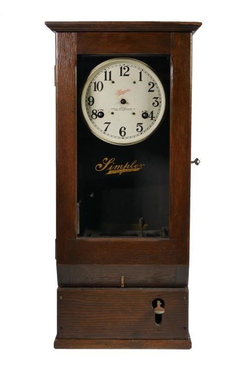 Appraisal: Simplex time clock Oak case Printed metal face with Simplex