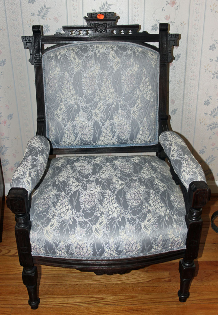 Appraisal: American Eastlake walnut upholstered armchair carved painted