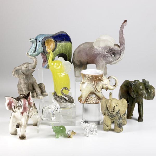 Appraisal: ELEPHANT GROUPING Thirteen pieces include Frankoma Nixon-Agnew commemorative assorted ceramic