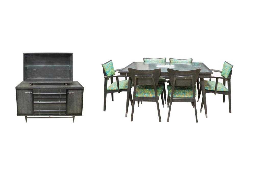 Appraisal: MID CENTURY MODERN DINING SETunsigned dark green-stained wood veneer comprising