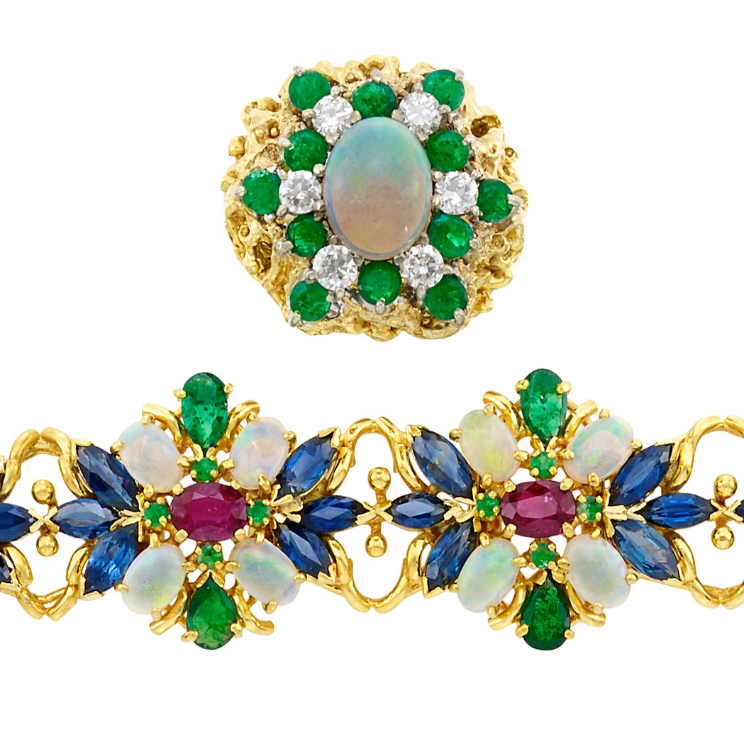 Appraisal: Gold Opal and Gem-Set Bracelet and Gold Opal Emerald and