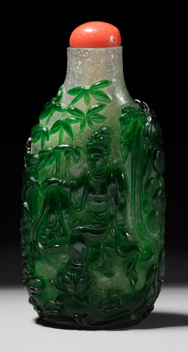 Appraisal: Overlaid Glass Snuff Bottle Chinese th century or earlier green