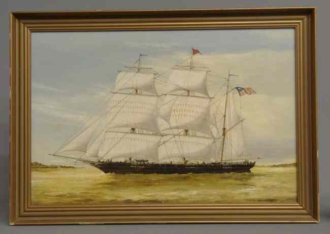 Appraisal: th c oil on canvas ship with American flag Site