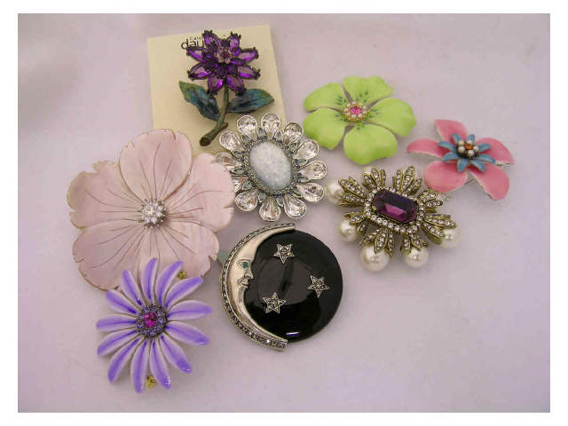 Appraisal: Seven brooches including Vintage Creations Marcasite in sterling faux pearl