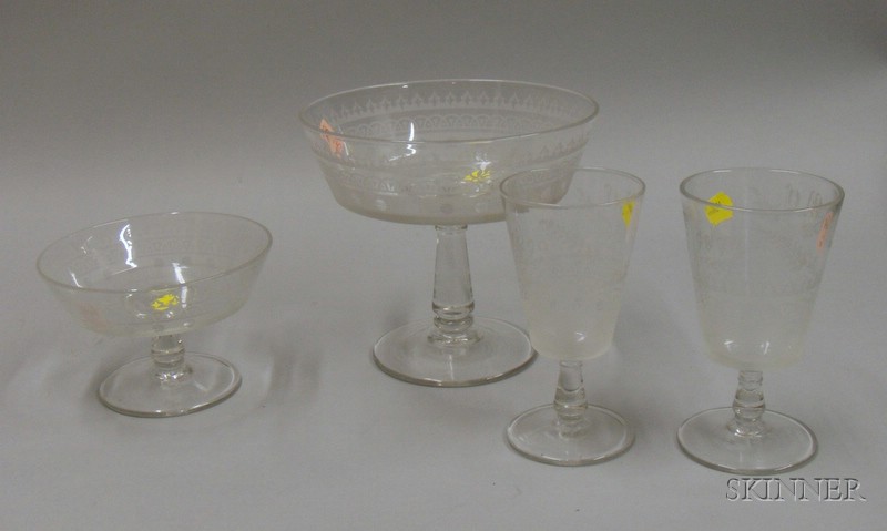 Appraisal: Four Pieces of Colorless Gothic Revival Etched Pattern Glass Tableware