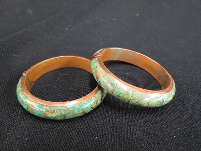 Appraisal: Copper Turquoise Bangle Bracelets sea foam green hinged bangles