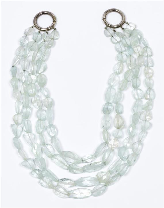 Appraisal: AQUAMARINE NECKLACE Clasp in silver Decorative three-row necklace of light