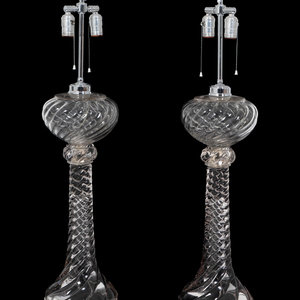 Appraisal: A Pair of Baccarat Blown Glass Oil Lamps Mounted as