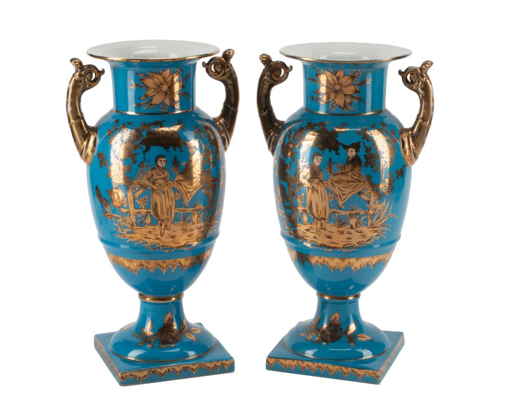 Appraisal: Pair of Paris Polychrome and Gilt Porcelain Vases blue ground