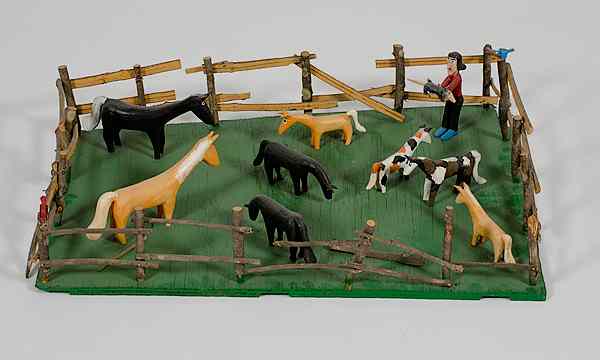 Appraisal: Folk Art Farm Scene by Minnie Adkins A carved miniature