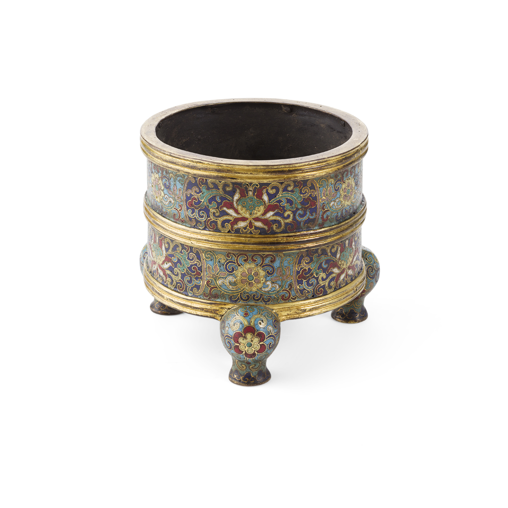 Appraisal: CLOISONN ENAMEL CIRCULAR TRIPOD CENSER QIANLONG MARK BUT LATER raised