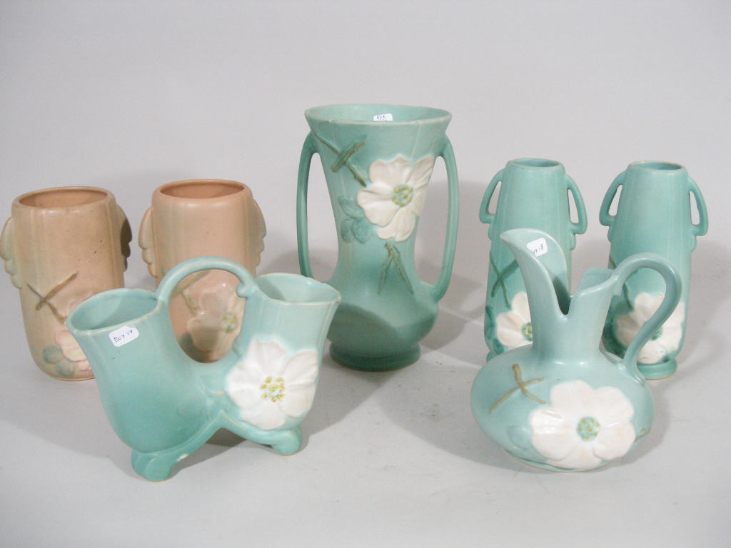 Appraisal: Weller Pottery Group of Seven Wild Rose a double vase