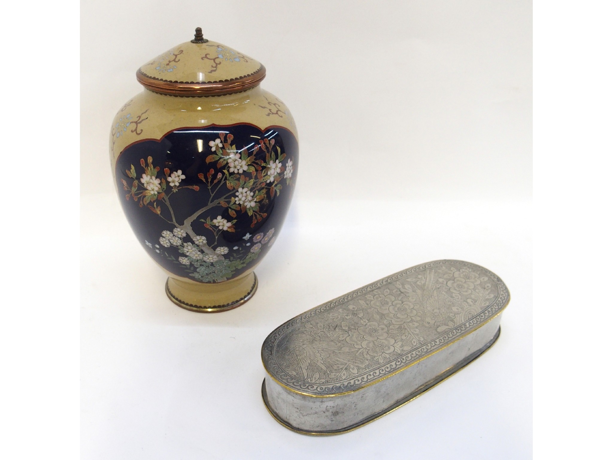 Appraisal: Japanese cloisonne jar and cover decorated with flowering branches and