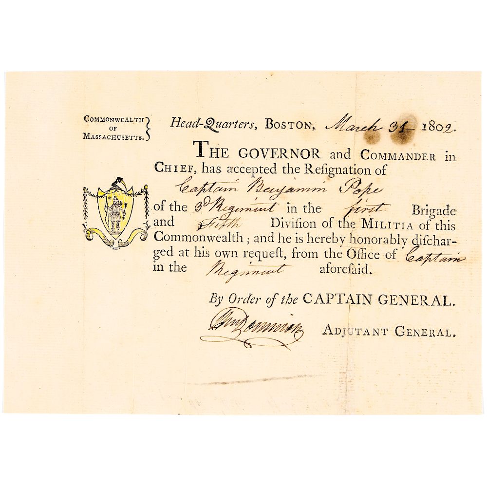 Appraisal: WILLIAM DONNISON Militia Officer Resignation Document Autographs Militia Officers Resignation