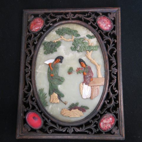 Appraisal: Chinese Carved Jade Hardstone Plaque women in the garden carved