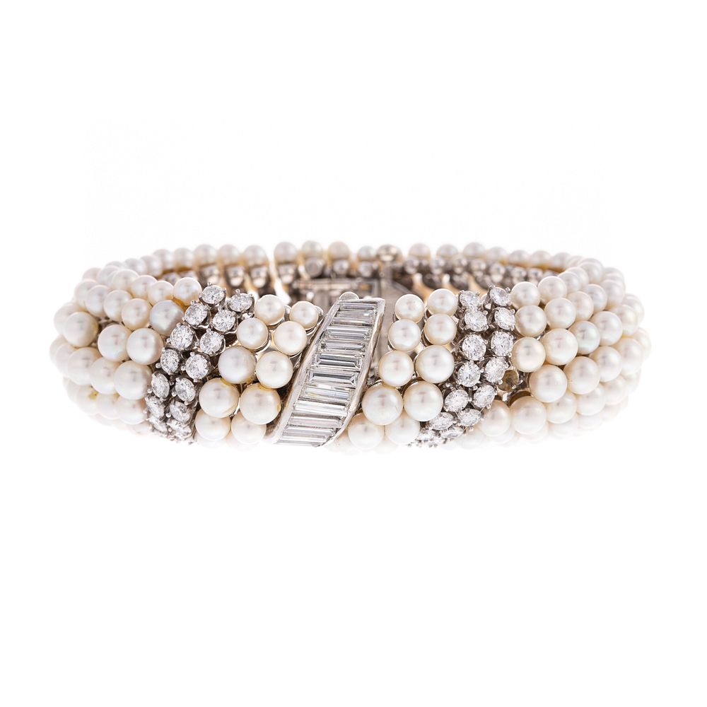 Appraisal: An K Mid-Century Pearl Diamond Bracelet K white gold mid-century