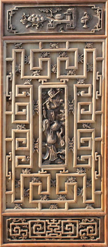 Appraisal: LARGE ORIENTAL WALL CARVING All decoration applied to backboard top