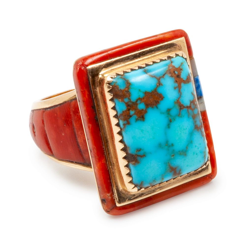 Appraisal: Ben Nighthorse Campbell Cheyenne b k gold ring with turquoise