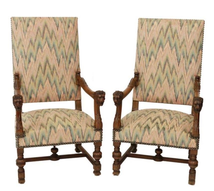 Appraisal: pair French Renaissance style highback armchairs th c chevron upholstered