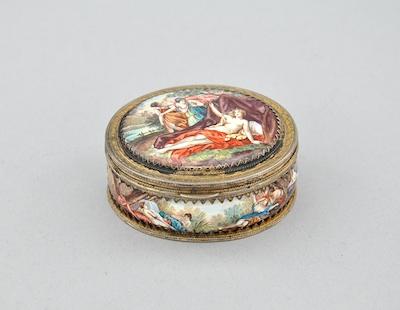 Appraisal: A French Enameled and Gilt Metal Snuff Box Of oval