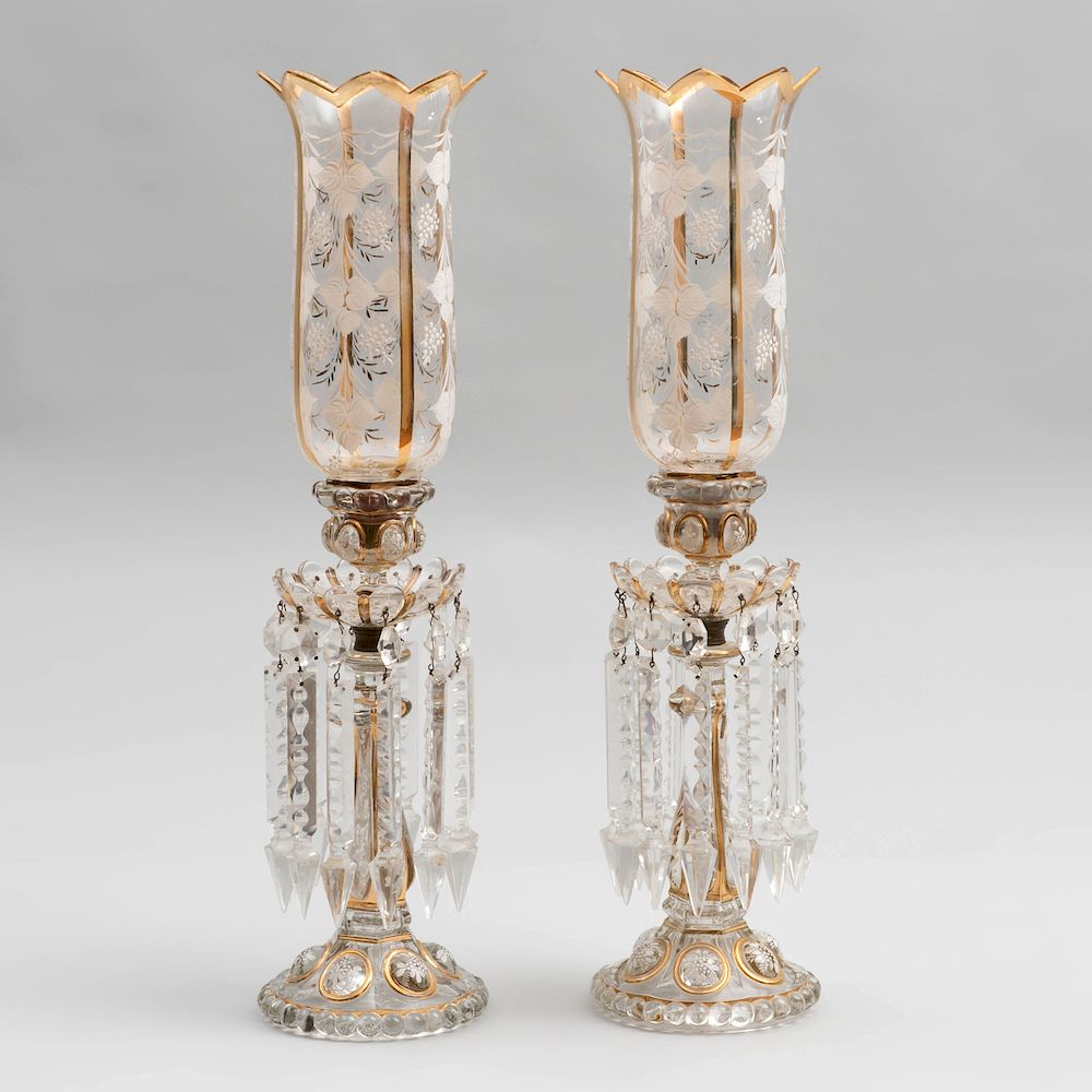 Appraisal: Pair of Gilt and Enameled Glass Luster Hurricanes Likely Baccarat