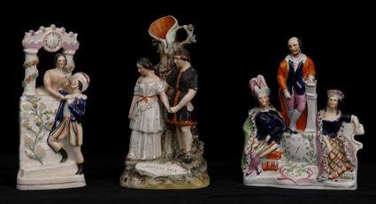 Appraisal: TWO STAFFORDSHIRE POTTERY CLOCK FACE FIGURE GROUPS Macbeth together with