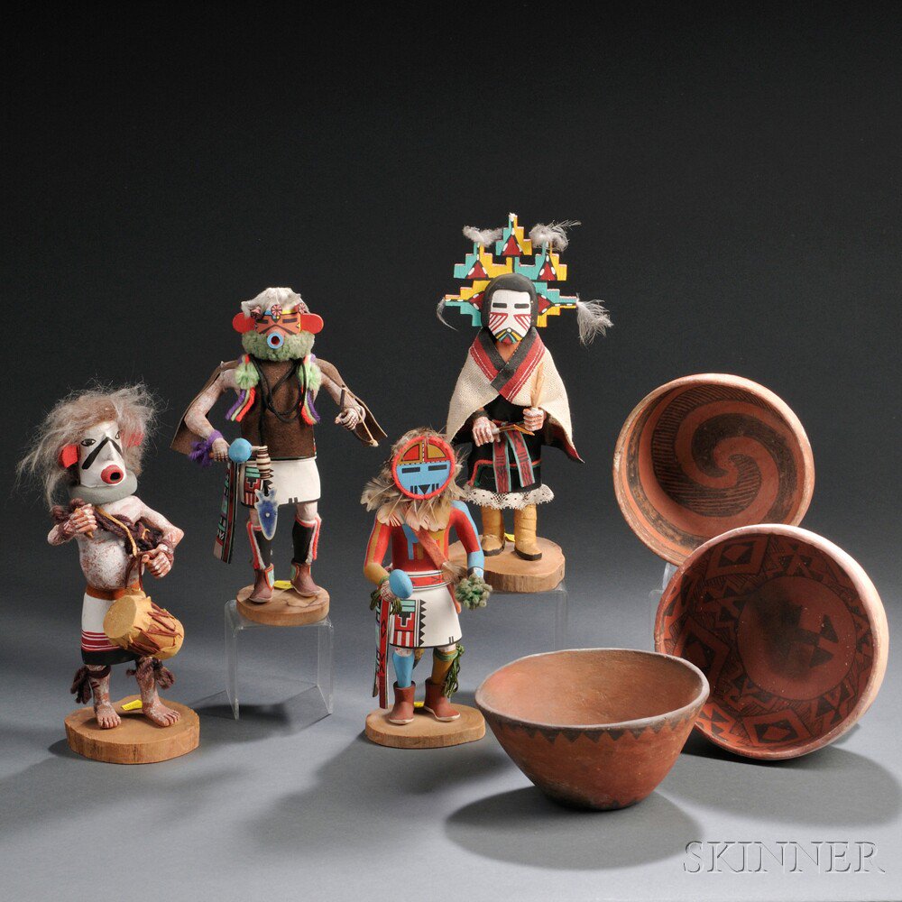 Appraisal: Seven Southwest Items four kachinas a Navajo pottery bowl and