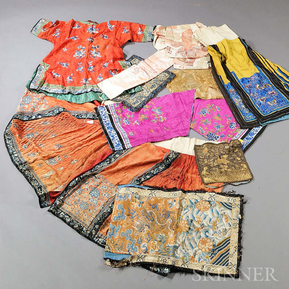 Appraisal: Ten Garments and Textile Fragments a short embroidered Chinese silk