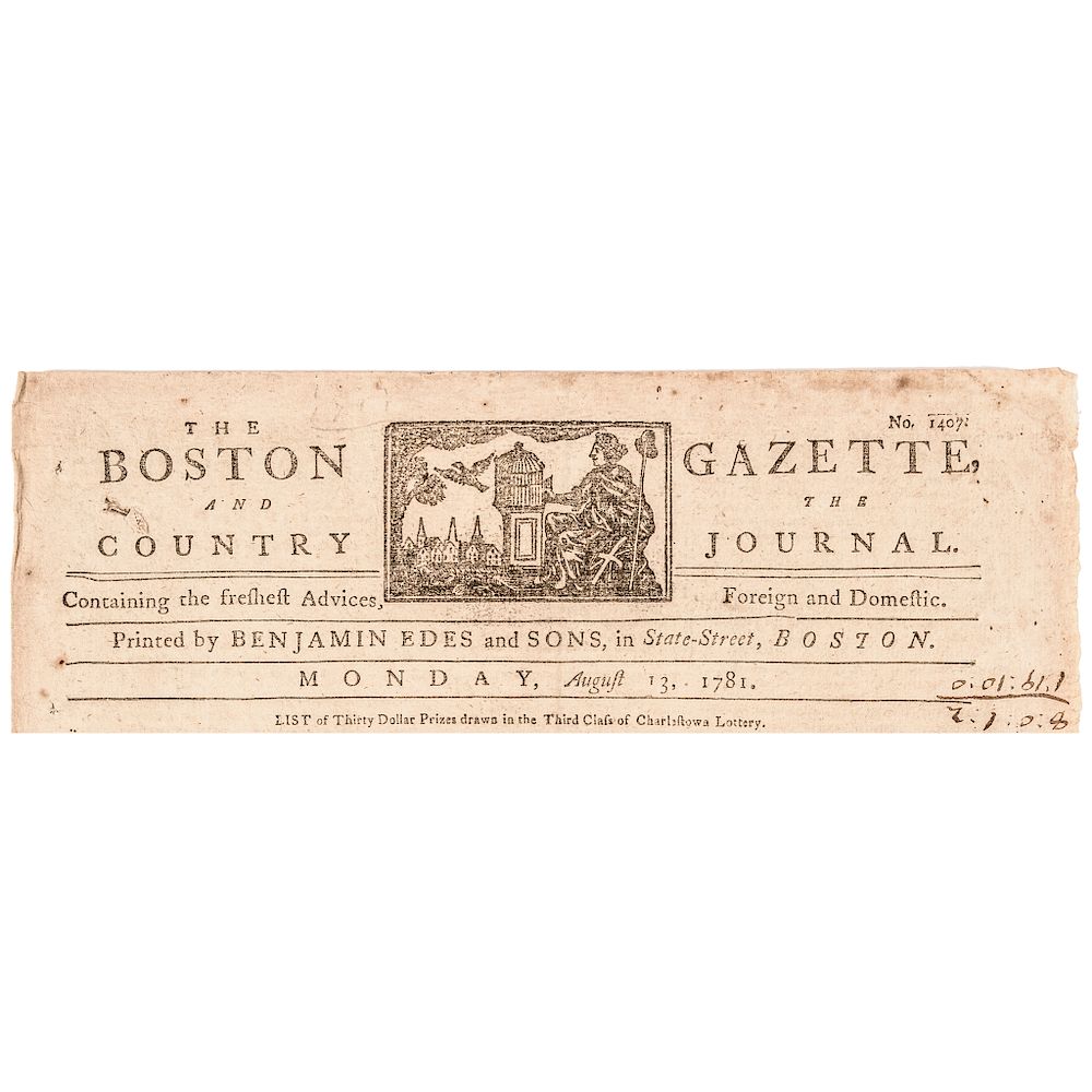 Appraisal: BOSTON GAZETTE PAUL REVERE Engraved Masthead Charlestown LOTTERY Prizes Colonial