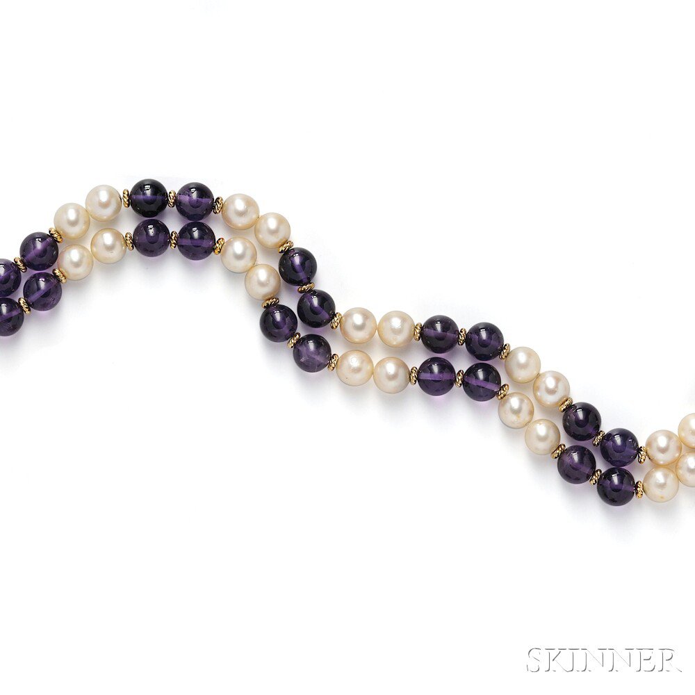 Appraisal: Amethyst Bead and Cultured Pearl Necklace composed of amethyst beads